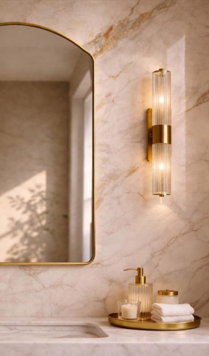 Rounded Arch Brass Mirror above bathroom vanity with handmade brass frame