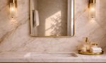 Rounded Arch Brass Mirror above bathroom vanity with handmade brass frame