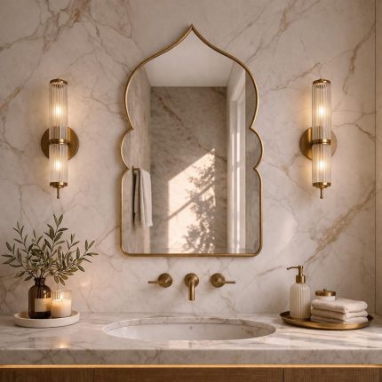 Moroccan Arch Brass Mirror with pointed Moorish shape above bathroom vanity