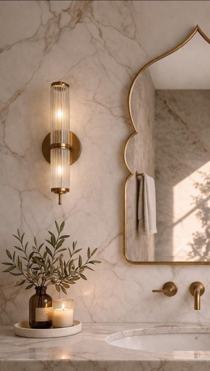 Moroccan Arch Brass Mirror with pointed Moorish shape above bathroom vanity