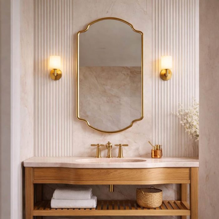Crown Curve Brass Mirror above wood vanity with green tiled bathroom wall