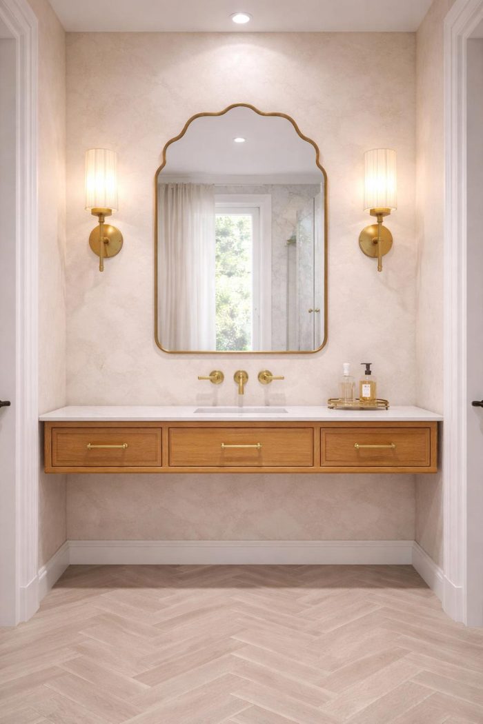 Handmade brass bathroom mirror with cloud arch top and slim brass frame