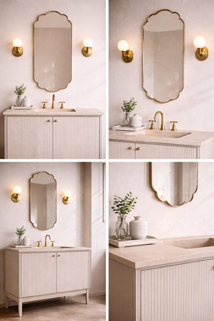 Handmade Moroccan Scalloped Brass Mirror with decorative floral shape above bathroom vanity