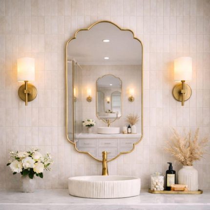 Moroccan lobed brass mirror with decorative curved frame above bathroom vanity