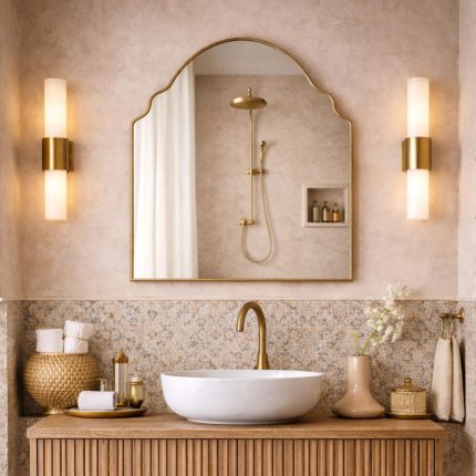 Handmade crown arch brass wall mirror with curved shoulders and slim gold brass frame above a bathroom vanity.