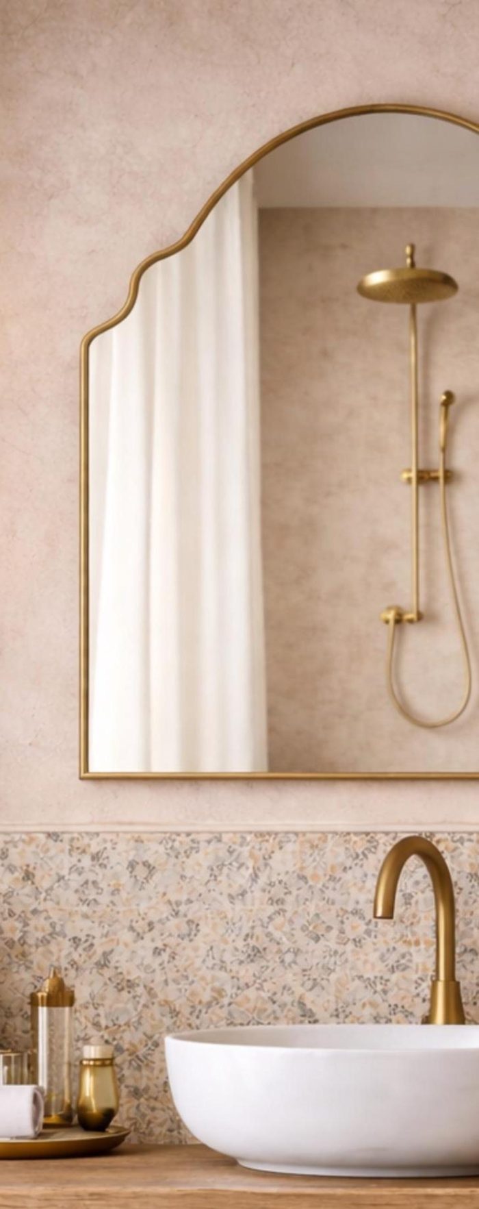 Handmade crown arch brass wall mirror with curved shoulders and slim gold brass frame above a bathroom vanity.