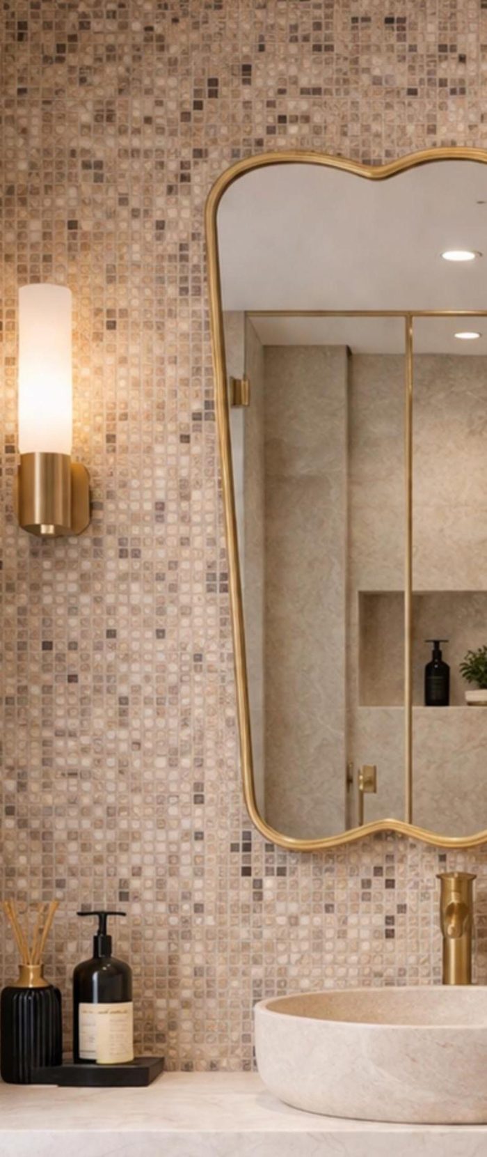 Triple Curve Brass Mirror with sculpted edges and slim handcrafted brass frame
