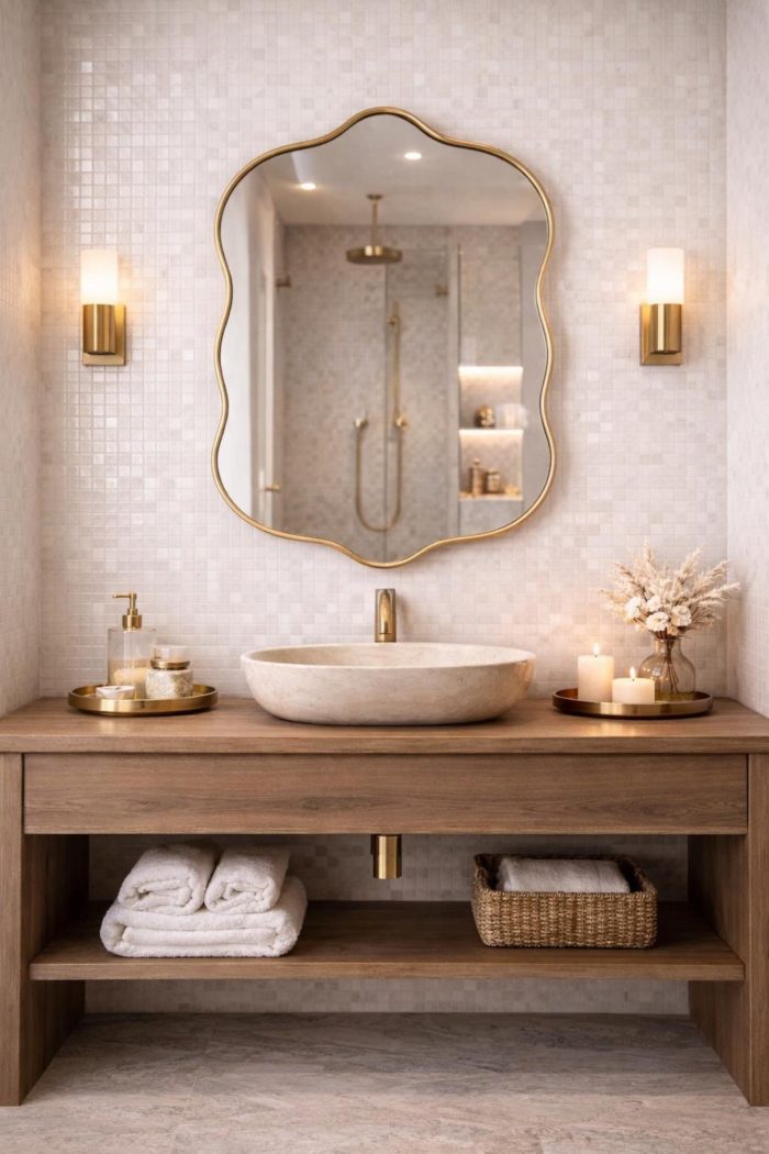 Wavy Brass Vanity Mirror with curved solid brass frame and clear glass for bathroom wall