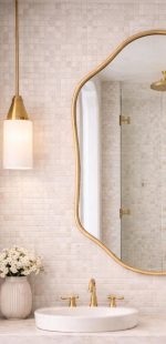 Handmade sculpted oval brass wall mirror with flowing curved edges and solid brass frame above double bathroom vanity.