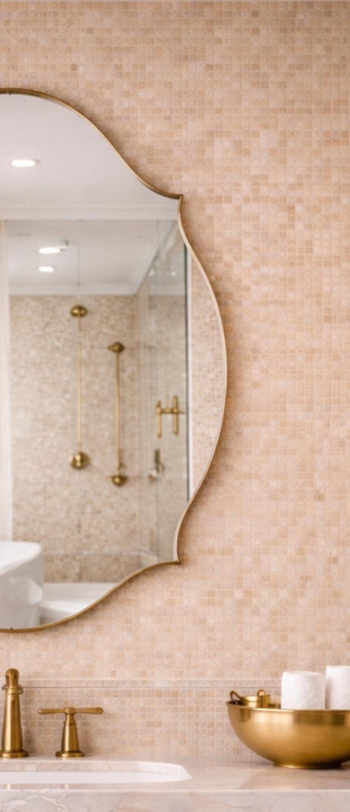 Handmade curved crown brass wall mirror with scalloped edges and solid brass frame above bathroom vanity.