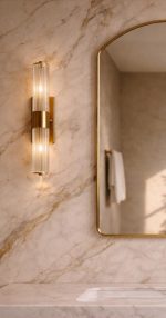 Rounded Arch Brass Mirror above bathroom vanity with handmade brass frame