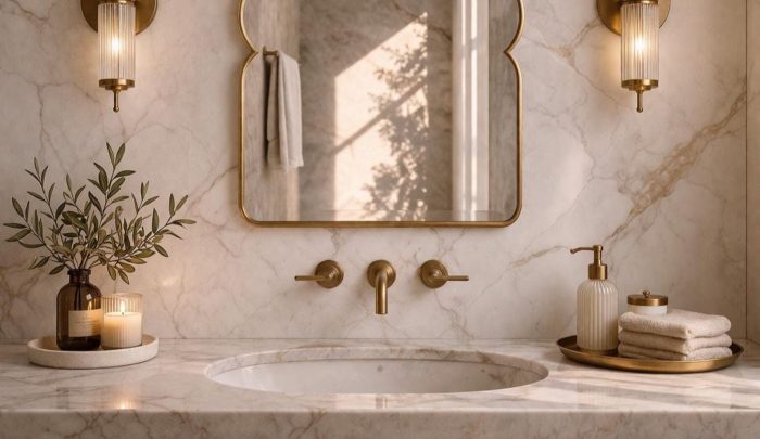 Moroccan Arch Brass Mirror with pointed Moorish shape above bathroom vanity