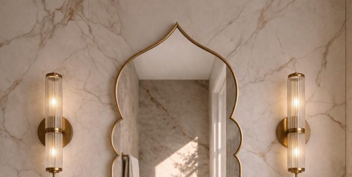 Moroccan Arch Brass Mirror with pointed Moorish shape above bathroom vanity