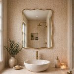 Handmade Wavy Brass Bathroom Mirror with curved edges in Moroccan bathroom interior