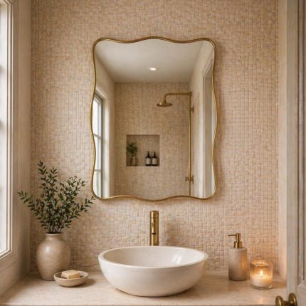 Handmade Wavy Brass Bathroom Mirror with curved edges in Moroccan bathroom interior