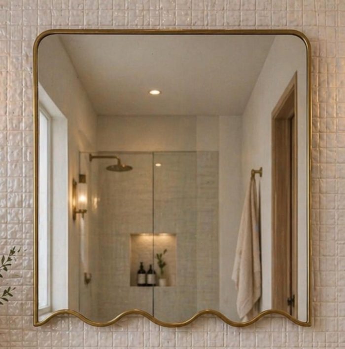 Wavy Bottom Brass Mirror with handmade Moroccan brass frame and decorative scalloped lower edge