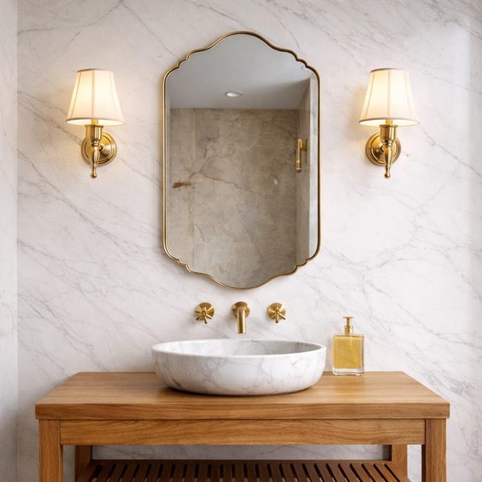 Handmade Moroccan Brass Scalloped Mirror with decorative curved brass frame