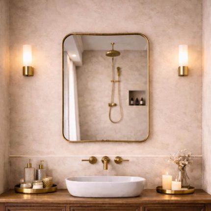 Soft Square Brass Mirror with rounded corners and handcrafted solid brass frame for bathroom vanity