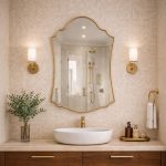 Moroccan Brass Mirror with decorative curved frame above bathroom vanity