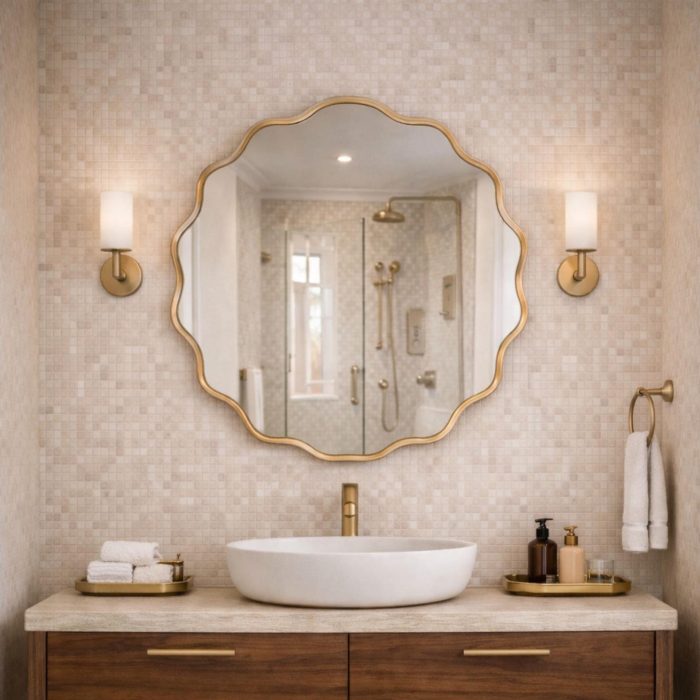 Flower Brass Mirror handcrafted with a scalloped solid brass frame for bathroom wall décor