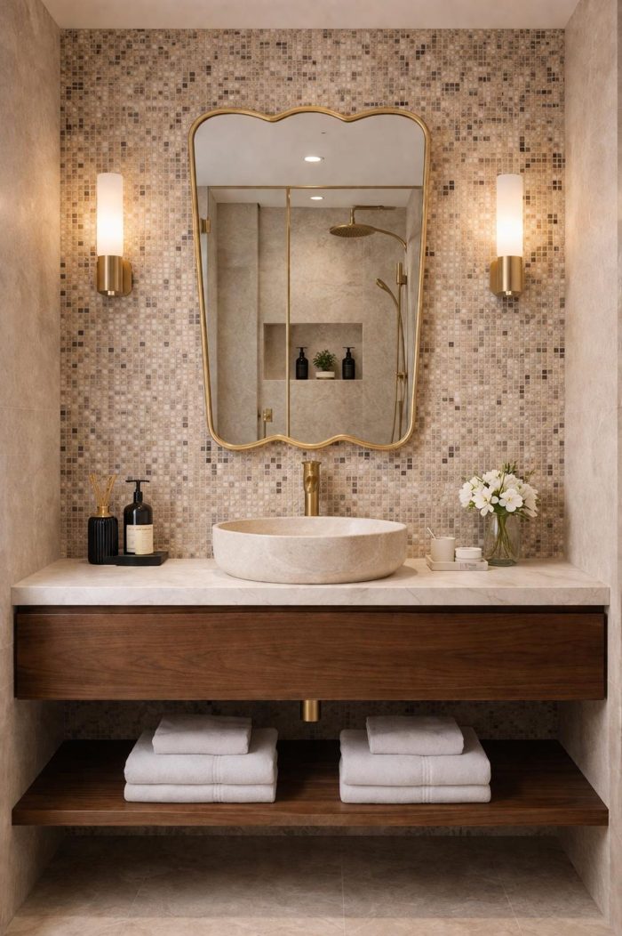 Triple Curve Brass Mirror with sculpted edges and slim handcrafted brass frame