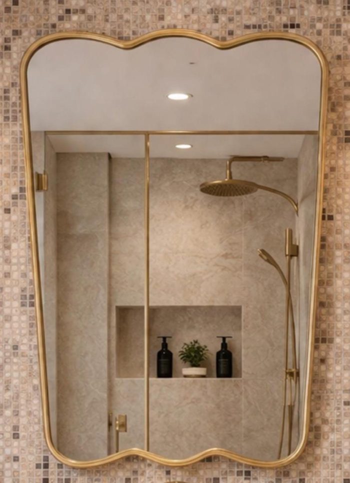 Triple Curve Brass Mirror with sculpted edges and slim handcrafted brass frame
