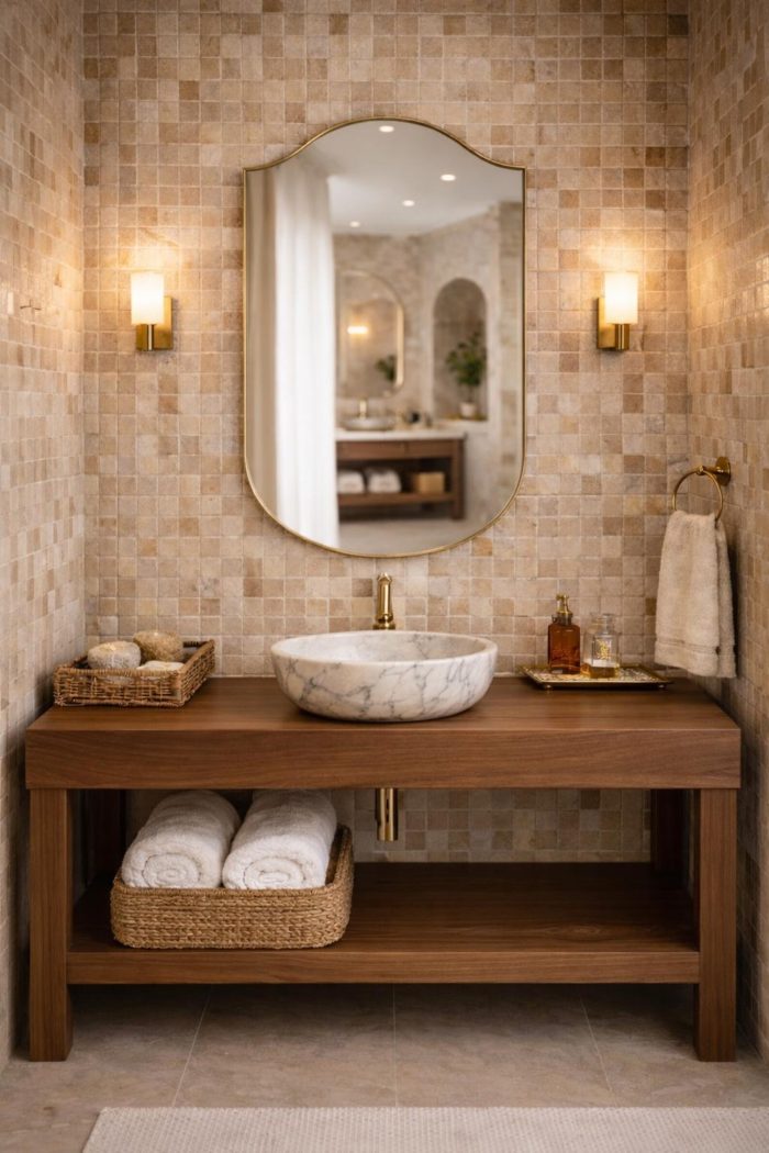 Handmade curved crown brass wall mirror with softly arched top and solid brass frame above bathroom vanity.