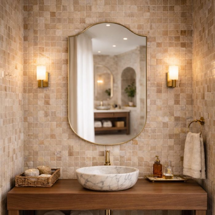 Handmade curved crown brass wall mirror with softly arched top and solid brass frame above bathroom vanity.