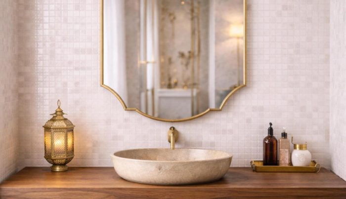 Handmade Double Crest Brass Mirror above stone vessel sink and wooden vanity