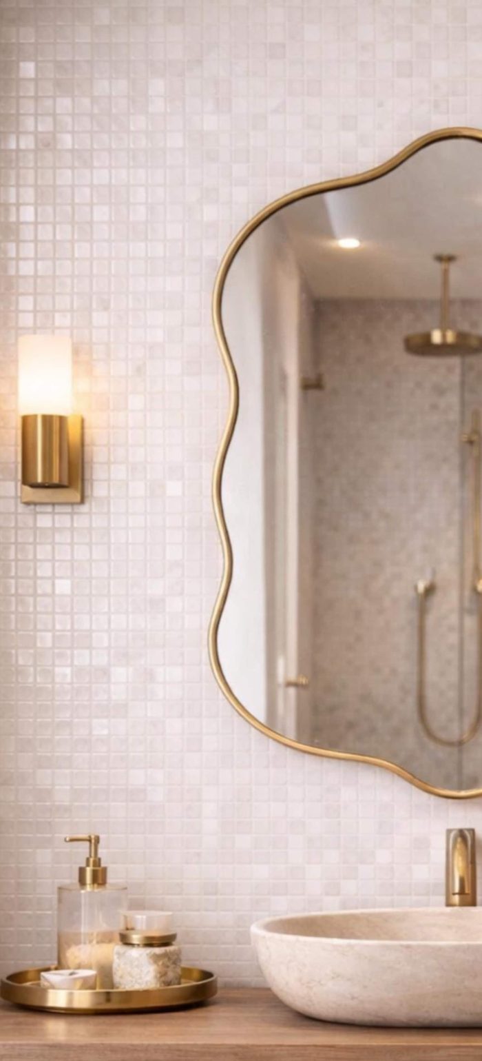 Wavy Brass Vanity Mirror with curved solid brass frame and clear glass for bathroom wall