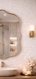 Wavy Brass Vanity Mirror with curved solid brass frame and clear glass for bathroom wall