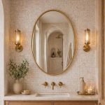 Oval brass bathroom mirror above vanity with brass fixtures and wall sconces