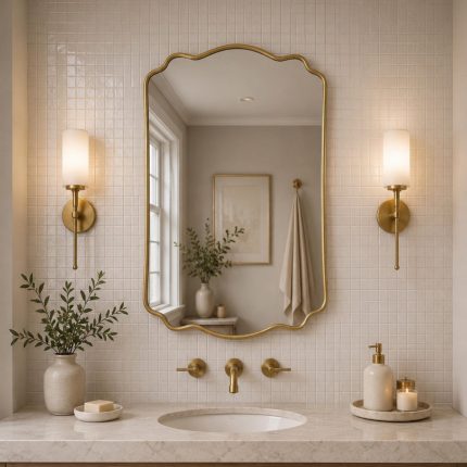Scalloped Arch Brass Mirror handcrafted with a solid brass frame for bathroom wall décor