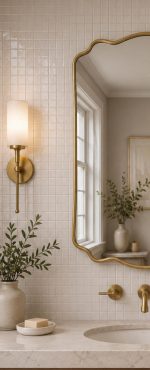 Scalloped Arch Brass Mirror handcrafted with a solid brass frame for bathroom wall décor