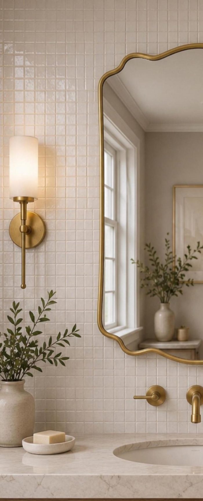Scalloped Arch Brass Mirror handcrafted with a solid brass frame for bathroom wall décor