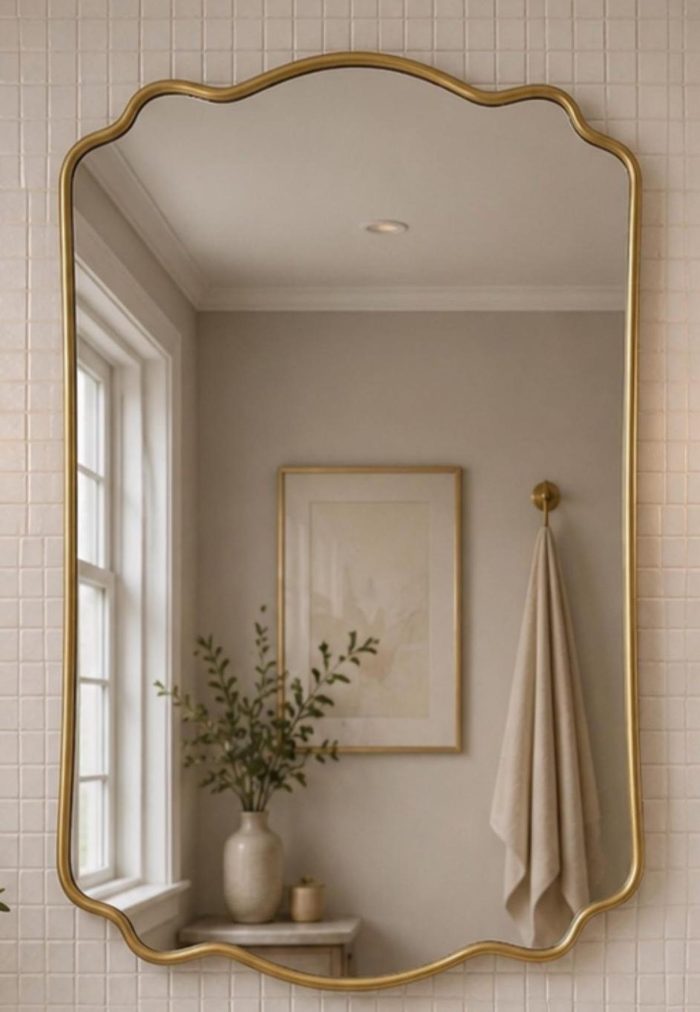 Scalloped Arch Brass Mirror handcrafted with a solid brass frame for bathroom wall décor