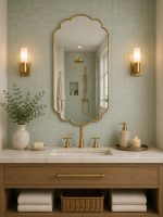 Handmade Moroccan Scalloped Brass Mirror with decorative floral shape above bathroom vanity