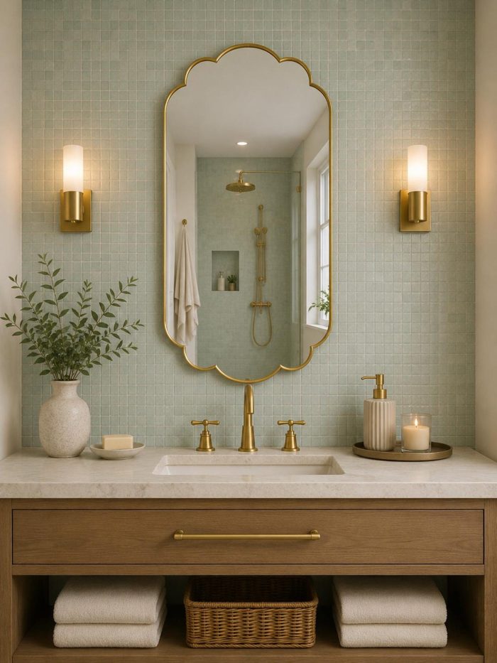 Handmade Moroccan Scalloped Brass Mirror with decorative floral shape above bathroom vanity