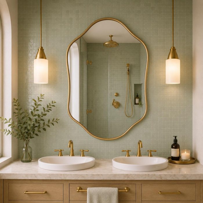Handmade sculpted oval brass wall mirror with flowing curved edges and solid brass frame above double bathroom vanity.
