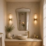 Curved Rectangle Brass Mirror with handcrafted slim brass frame in a modern bathroom vanity setting