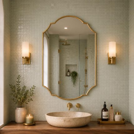 Handmade Double Crest Brass Mirror above stone vessel sink and wooden vanity