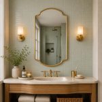 Crown Curve Brass Mirror above wood vanity with green tiled bathroom wall