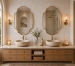 Arched Shield Brass Mirror with handmade brass frame above bathroom vanity