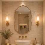 Handmade Scalloped Oval Brass Mirror with slim brass frame in bathroom interior