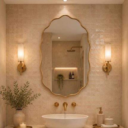 Handmade Scalloped Oval Brass Mirror with slim brass frame in bathroom interior