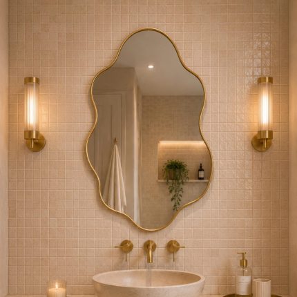 Handmade sculptural wavy brass wall mirror with clear glass and slim solid brass frame displayed above a modern bathroom vanity.