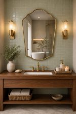 Handmade Scalloped Crown Brass Mirror above wood vanity with brass fixtures