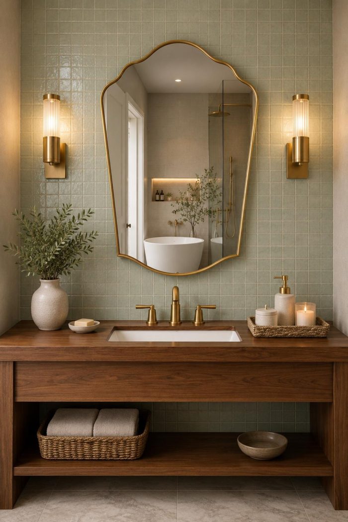Handmade Scalloped Crown Brass Mirror above wood vanity with brass fixtures