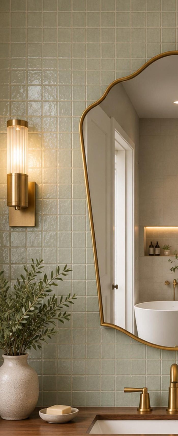 Handmade Scalloped Crown Brass Mirror above wood vanity with brass fixtures