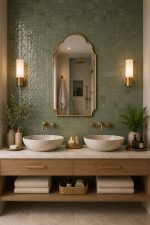 Handmade triple arch brass wall mirror with solid brass frame and clear glass displayed above a bathroom vanity.